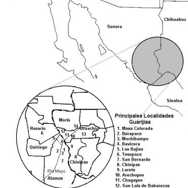 Asentamientos Guarijíos en Sonora y Chihuahua. Fuente: Haro et al. (1998)